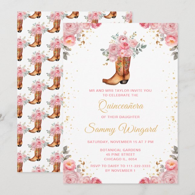 Invitación Bota Rosa Floral Rosa y Oro Bota Quinceañera (Anverso / Reverso)