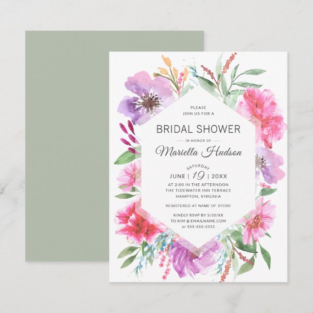 Invitación Botanana Bridal Shower Watercolor Primavera Bouque (Anverso / Reverso)