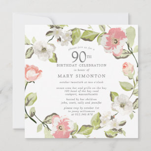 Invitación Botánica 90º cumpleaños de Floral Blanca Rosa