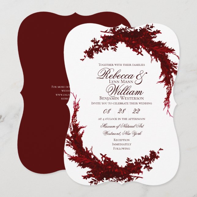 Invitación Botánica a la Boda Blanca y Roja Negra (Anverso / Reverso)