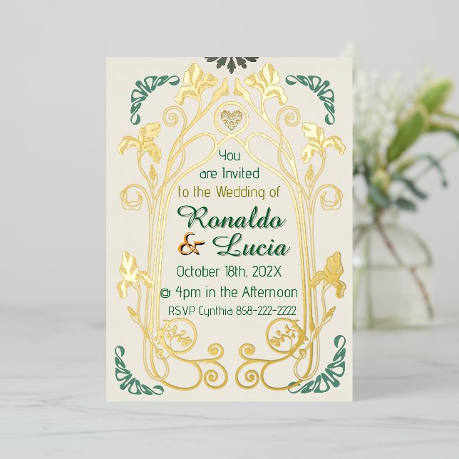 Invitación botánica Art Nouveau Gold Green (Anverso de pie)