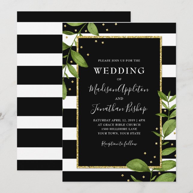 Invitación botánica blanco y negro de la boda de (Anverso / Reverso)