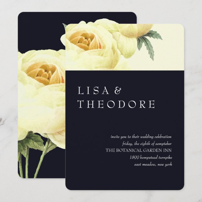 Invitación Botánica | Boda de cosecha amarilla azul (Anverso / Reverso)