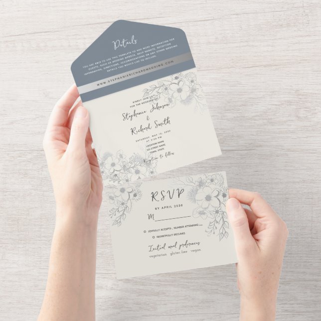 Invitación Botánica Boho Polvo Azul Todo en Uno (desgarro)
