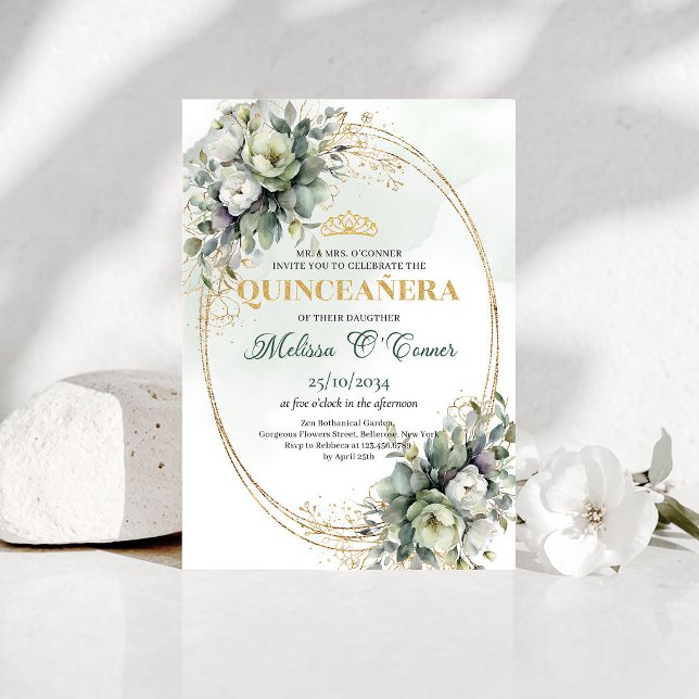 Invitación Botánica Boho Quinceañera Verde Dorado (Boho Botanical Quinceañera Greenery Gold Invitation)