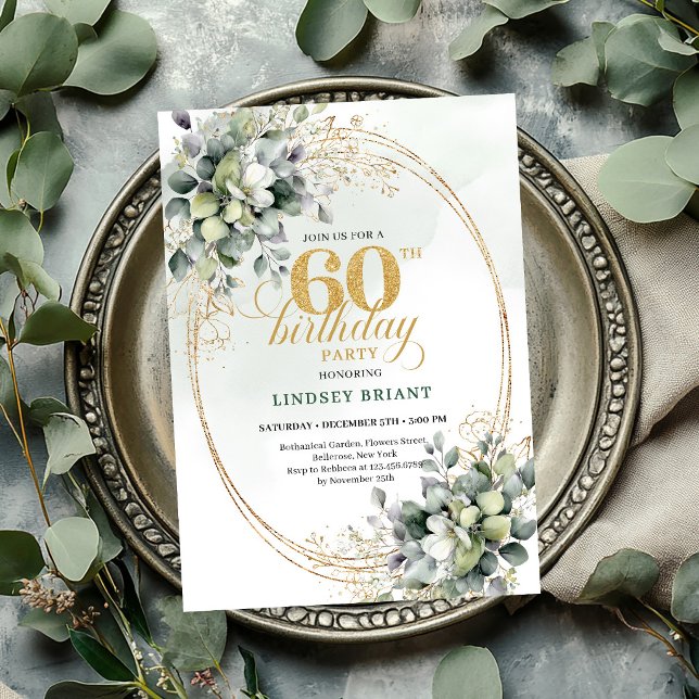 Invitación Botánica Boho Verde para Cumpleaños 60 (Botanical 60th Birthday Boho Green Invite

)