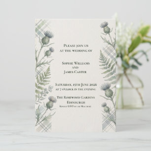 Invitación Botánica Cardo Helecho Gris Tartán Boda Escocesa