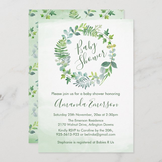 Invitación Botánica de Baby Shower Greenery Wreath (Anverso / Reverso)