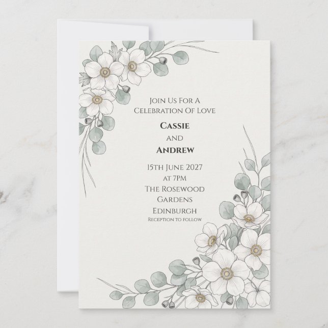 Invitación Botánica de Boda con Eucalipto y Anémon (Anverso)