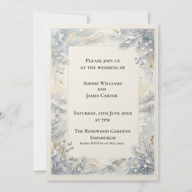 Invitación Botánica de Boda Gris Azul (Anverso)