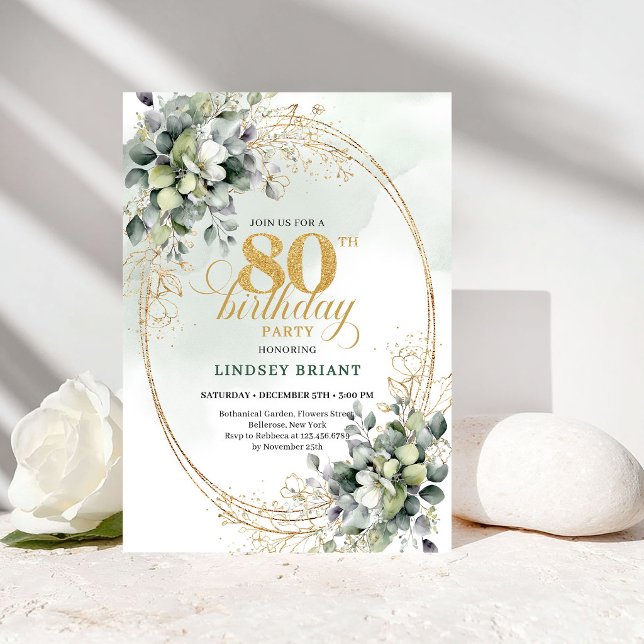 Invitación Botánica de Cumpleaños 80 con Rosas Bla (Rustic White Roses Botanical 80th Birthday Invite)