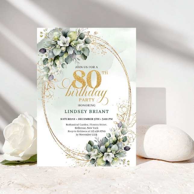 Invitación Botánica de Eucalipto Elegante para 80  (Elegant Eucalyptus Botanical 80th Birthday Invite)