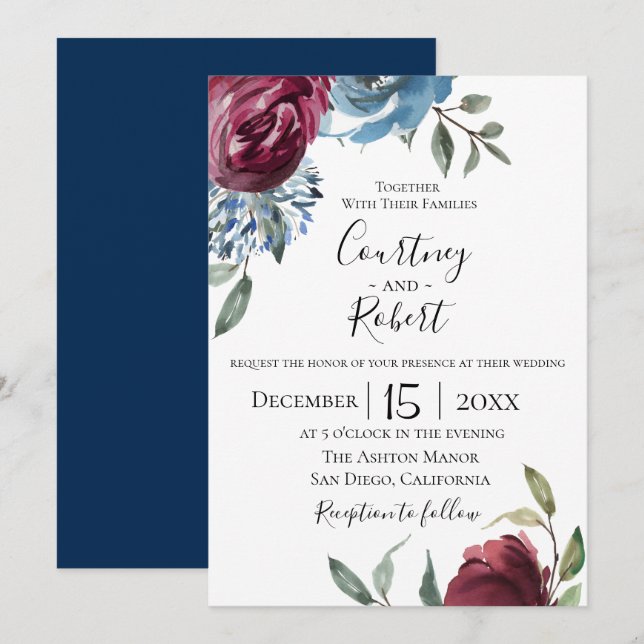 Invitación botánica de la boda de Borgoña de los (Anverso / Reverso)