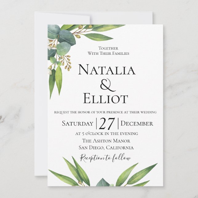 Invitación botánica de la boda del eucalipto (Anverso)