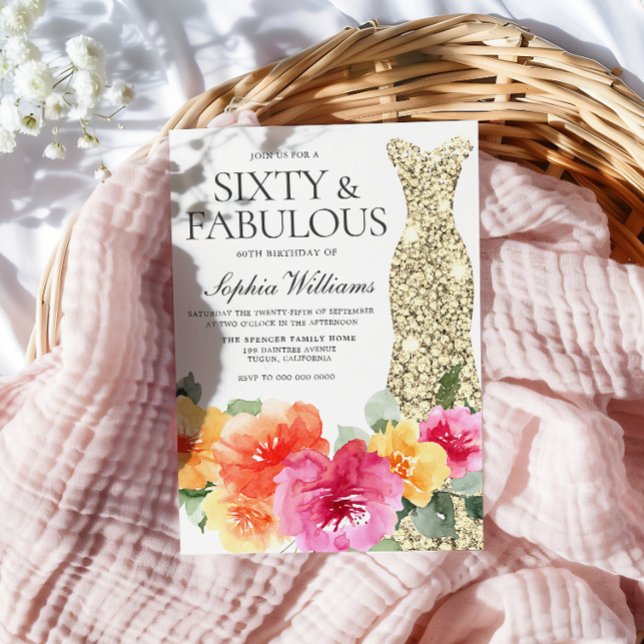 Invitación Botánica de Oro Floral Vestido 60 cumpleaños (Subido por el creador)