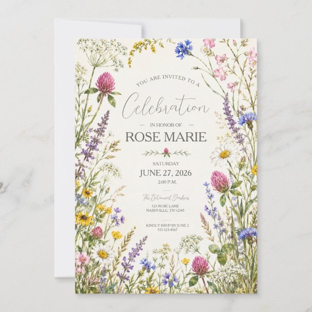 Invitación Botánica Editable de Prado de Flores Si (Anverso)