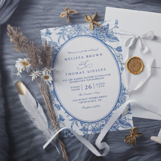 Invitación Botanica floral acuarela azul boda elegante