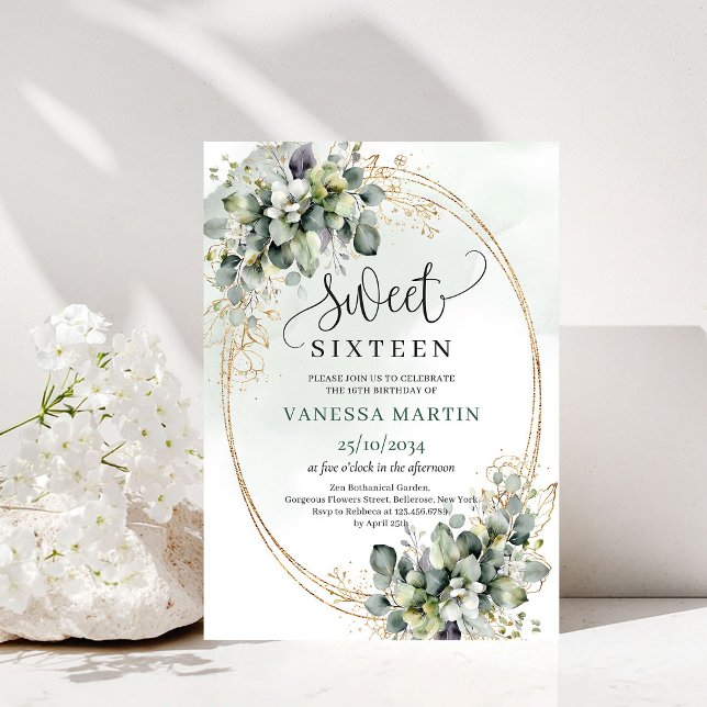 Invitación Botánica Greenery And White Sweet Sixte (Greenery And White Sweet Sixteen Botanical Invite)