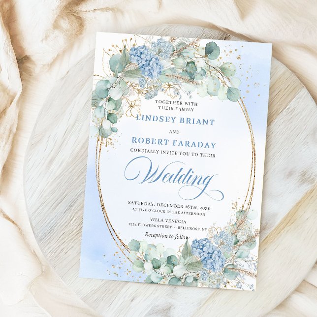 Invitación Botánica Hydrangea Azul Trigo Boda Elegante  (Botanical Blue Hydrangea Wheat Elegant Wedding Invite)