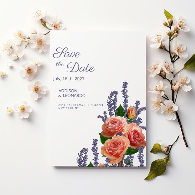 Invitación Botánica lavanda melocotón rosa flores Save the Da (Botanic lavender peach rose flowers Save the Date )