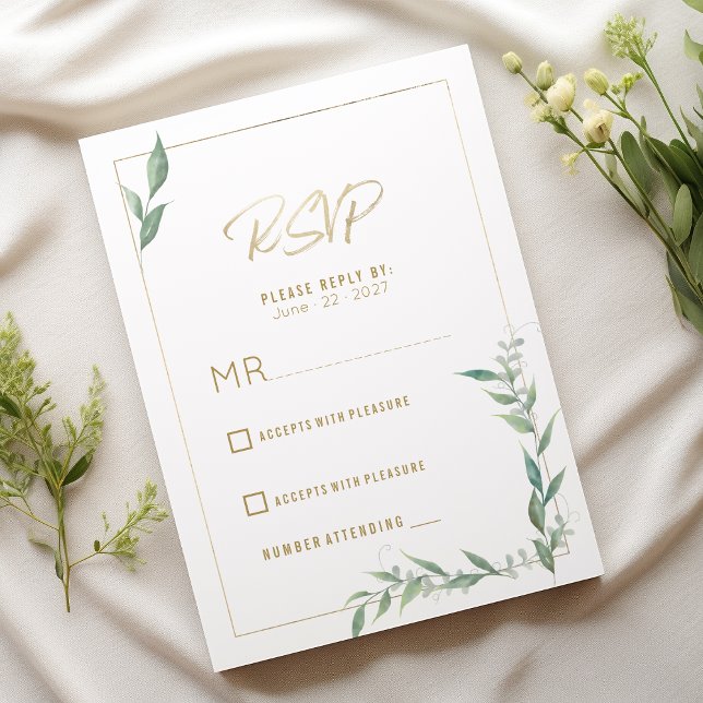 Invitación Botánica menta verde oro verde  RSVP de boda  (Botanical mint green gold greenery Wedding RSVP)
