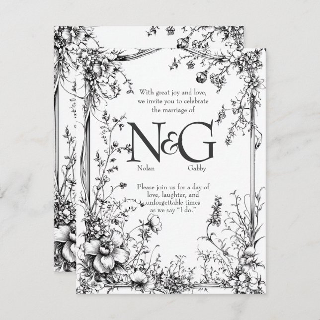 Invitación Botánica rústica, mano blanca y negra dibujada (Anverso / Reverso)