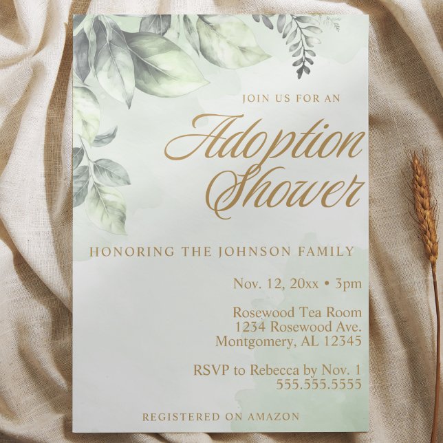 Invitación Botánica Verde - Adopción de Niños / Baby Shower (elegant green watercolor botanical adoption baby shower invitation foster care child adoption invite)