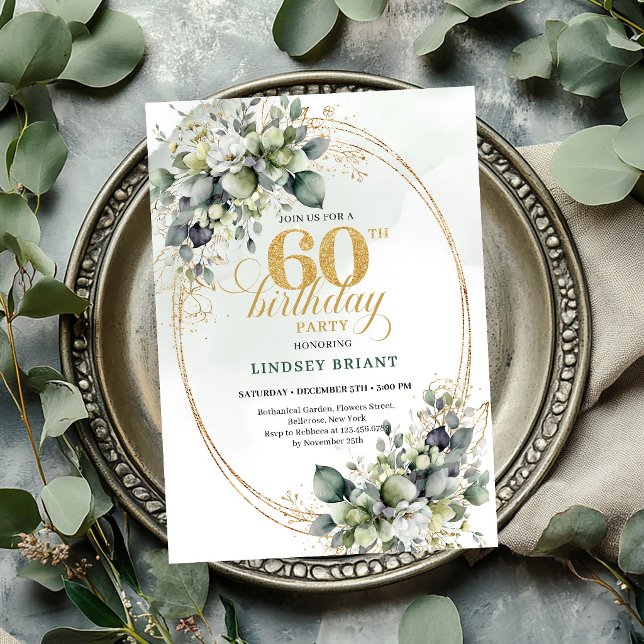 Invitación Botánica Verde Boho Cumpleaños 60 (Boho 60th Birthday Botanical Green Invite

)