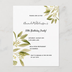 Invitación botánica verde oliva de fiesta de cumpl