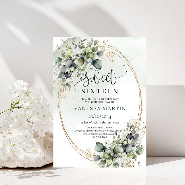 Invitación Botánica Verde Salvia Dulces Dieciséis (Botanical Sage Green Sweet Sixteen Invitation)