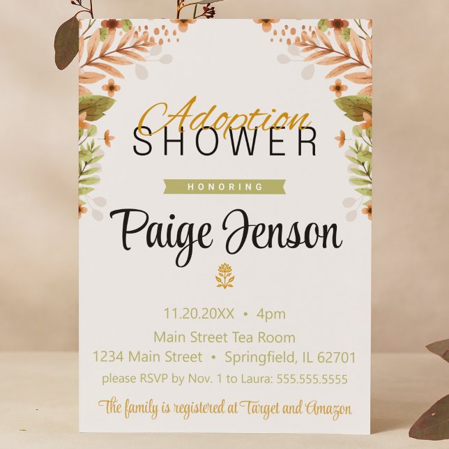 Invitación Botánica verde y marrón de la ducha de adopción (Adoption shower woodland fall green brown foster care baby child shower modern boho tan)