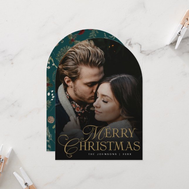 Invitación Botanical Arch Photo Green Christmas Holiday Card (Anverso/Reverso In Situ)
