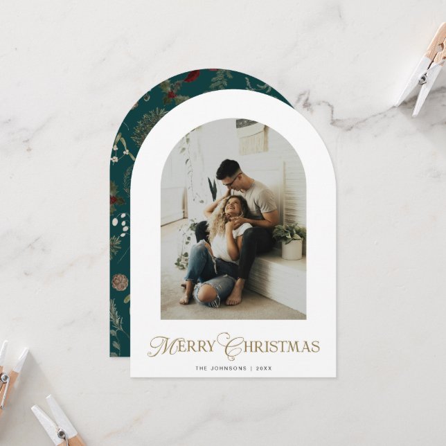 Invitación Botanical Arch Photo Green Christmas Holiday Card (Anverso/Reverso In Situ)