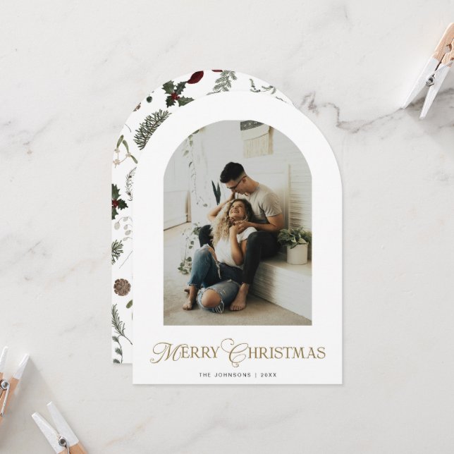 Invitación Botanical Arch Photo Merry Christmas Holiday Card (Anverso/Reverso In Situ)
