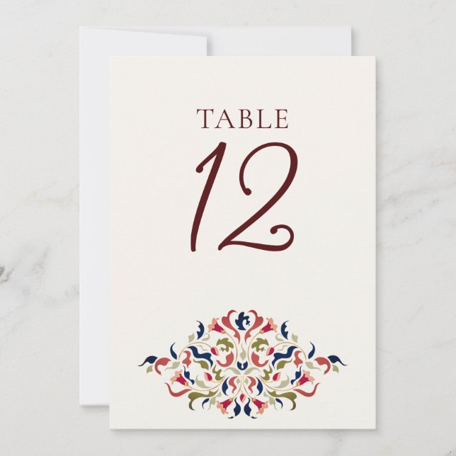 Invitación Botanical Art Floral Paisley Wedding Table Number (Anverso)