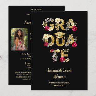 Invitación Botanical Black Gold Pink Floral 2 Photo Senior