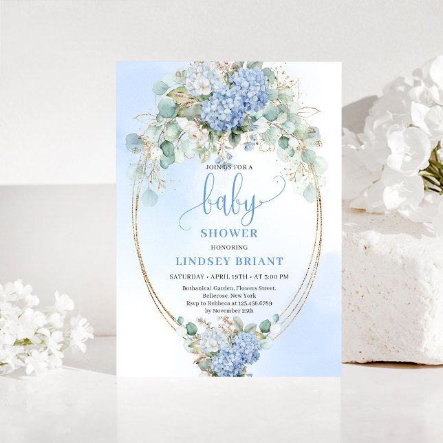 Invitación Botanical Blue Hydrangea Eucalyptus Baby Shower  (Botanical Blue Hydrangea Eucalyptus Baby Shower Invite)