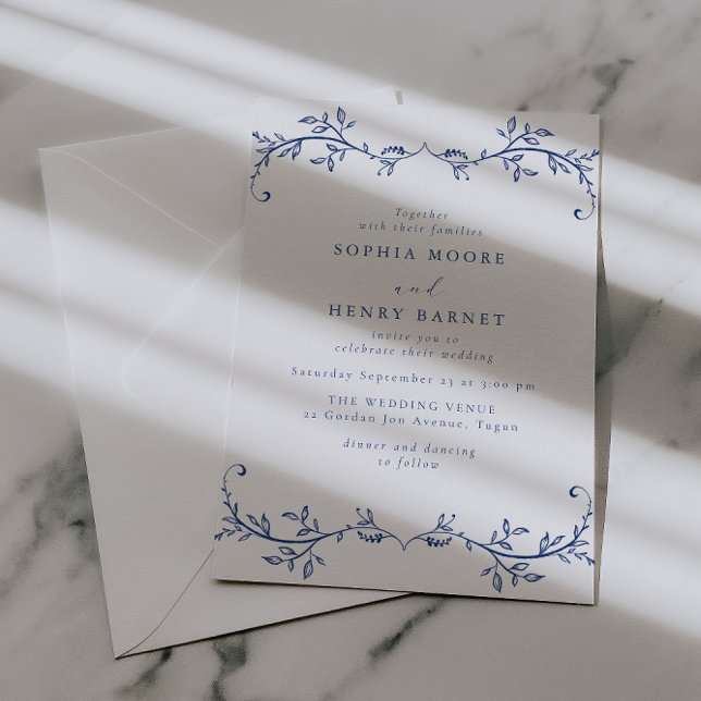 Invitación Botanical Blue Line Art Elegant Wedding (Subido por el creador)