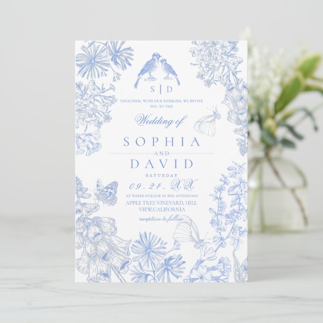 Invitación Botanical Blue White Rustic Wildflowers Wedding  (Anverso de pie)