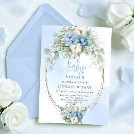 Invitación Botanical Boho Blue Flowers Eucalyptus Baby Shower