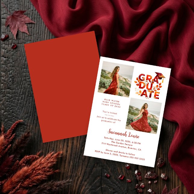 Invitación Botanical Boho Red Shades Graduation 2-Photo (Botanical Boho Graduation Invitation with 2-Photo Layout in Red Shades and Digital Download. )