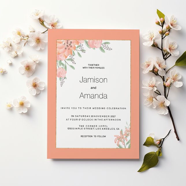 Invitación Botanical coral mint gold spring floral Wedding (Botanical coral mint gold spring floral Wedding )