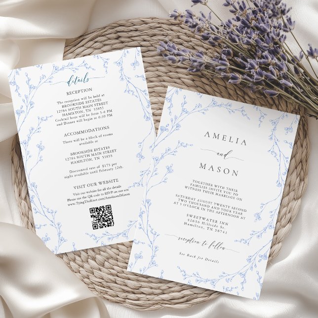 Invitación Botanical Dusty Blue Floral All-In-One Wedding (Botanical Dusty Blue Floral All-In-One Wedding Invitation)