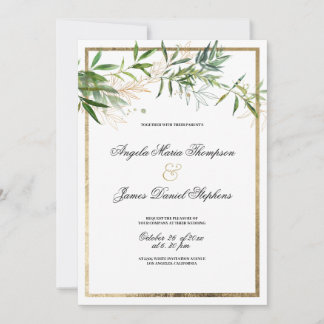 Invitación Botanical elegant white mint gold foliage wedding 