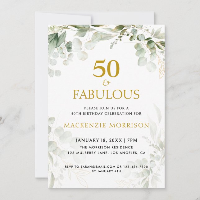 Invitación Botanical Fifty and Fabulous Script Birthday Party (Anverso)