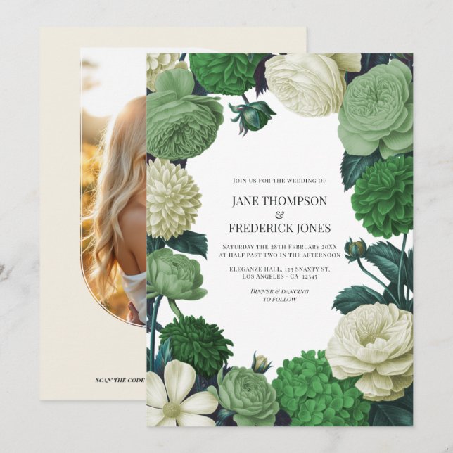 Invitación Botanical Green, Fern Shadow & Ivory Bud Wedding (Anverso / Reverso)