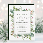 Invitación Botanical Greenery Christmas Bridal Shower<br><div class="desc">This bridal shower invitation features painted watercolor eucalyptus,  green leaves,  red berries,  pine branches,  and a green rectangle frame with stylish calligraphy. For more advanced customization of this design,  please click the "Customize further" link. Matching items are also available.</div>