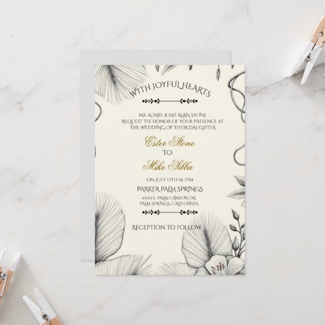 Invitación Botanical line art Wedding Invitation  (Anverso/Reverso In Situ)
