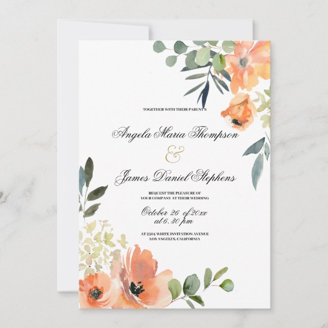 Invitación Botanical mint green coral pink floral wedding  (Anverso)