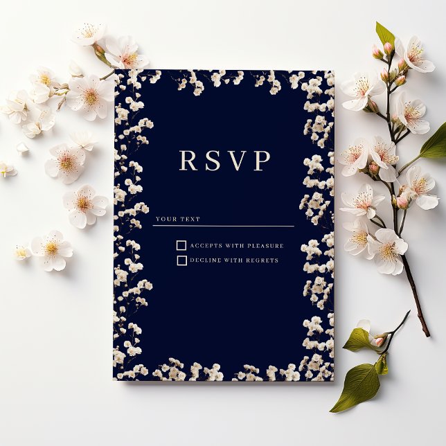 Invitación Botanical navy blue ivory gypsophila floral RSVP  (Botanical navy blue ivory gypsophila floral RSVP)